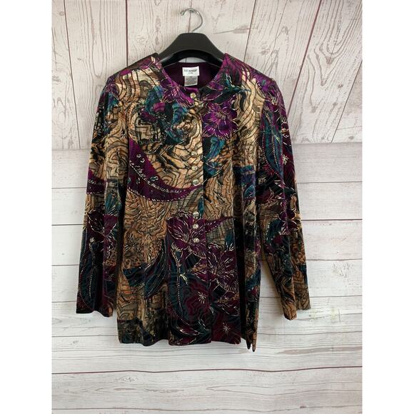 Vintage Liz Baker Jacket Womens Petite 4P multi colored velvet button gold foil - Picture 1 of 6